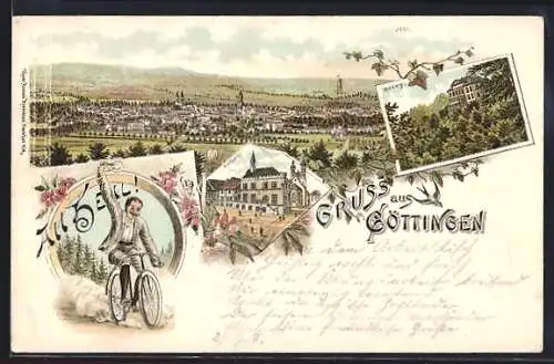 Lithographie Göttingen, Rathaus, Rohns, Radfahrer