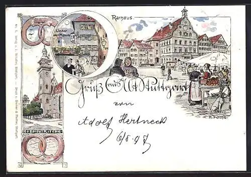 Lithographie Alt-Stuttgart, Unter der Mauer, Rathaus, Hospitalkirche