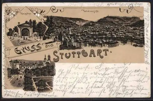 Lithographie Stuttgart, Totalansicht, Königstor, Strassenpartie