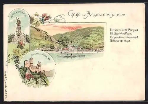 Lithographie Assmannshausen, National-Denkmal, Schloss Rheinstein, Flusspartie