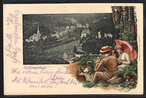 Passepartout-Lithographie Schlangenbad, Gesamtansicht mit Kirche aus der Vogelschau, Ehepaar beim Picknick