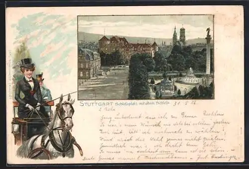 Passepartout-Lithographie Stuttgart, Schlossplatz mit altem Schloss, Frau auf Pferdewagen