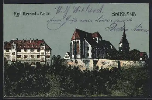 Künstler-AK Backnang, Königliches Oberamt und Kirche