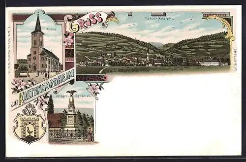 Lithographie Kaltennordheim, Ortsansicht von oben, Wappen, Blumen