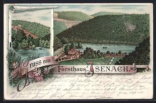 Lithographie Isenach, Totalansicht mit Uferpartie