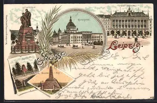 Lithographie Leipzig, Reichsgrericht, Grassi-Museum, Monarchen-Hügel