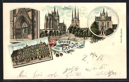 Lithographie Erfurt, Haus zum breiten Herd, Dom und Severinkirche, Dom Portal