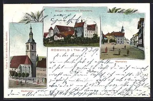 AK Römhild i. Thür., Krieger-Waisenhaus Glücksburg, Stadtkirche, Marktplatz