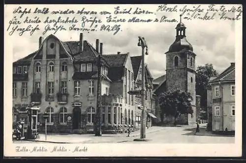 AK Zella-Mehlis, Markt mit Hotel und Kirche
