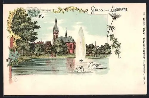 Lithographie Leipzig, Johannapark und Lutherkirche mit Fontäne