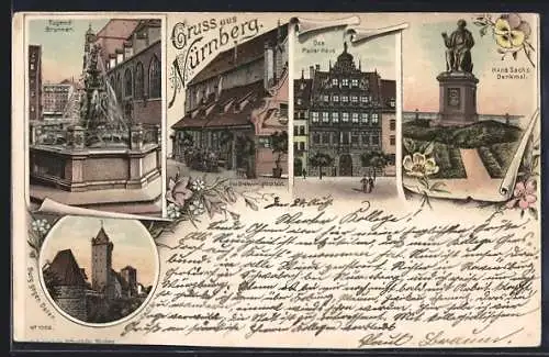Lithographie Nürnberg, Tugendbrunnen, Das Peller Haus, Hans Sachs Denkmal