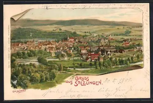 Künstler-AK Erwin Spindler: Salzungen, Gesamtansicht mit Schornsteinen