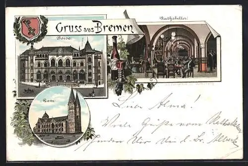 Lithographie Bremen, Gasthaus Ratskeller, Börse und Dom