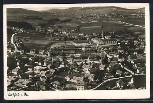 AK Kirschau, Ortsansicht mit Fabrikanlagen aus der Vogelschau