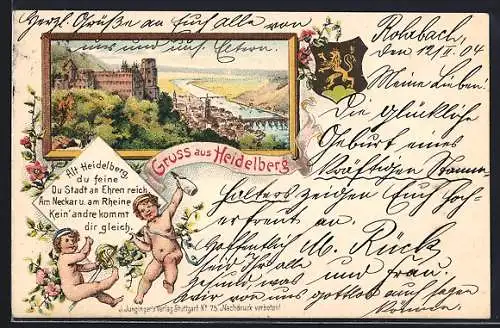 Lithographie Heidelberg / Neckar, Ortsansicht mit Flusspartie und Wappen