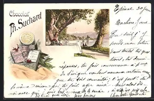 AK Reklame für Chocolat Ph. Suchard, Uferpartie mit Ausflüglern