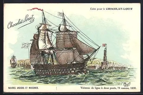 Künstler-AK Navires Anciens et Modernes, Vaisseau de ligne à deux ponts, Reklame für Chocolat Louit