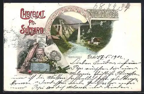 AK Kerstelenbach, Reklame für Chocolat Ph. Suchard, Eisenbahn-Brücke
