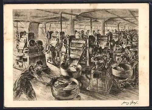 Künstler-AK Berlin-Tempelhof, Schokoladen-Walzwerke in der Sarotti-Schokoladenfabrik