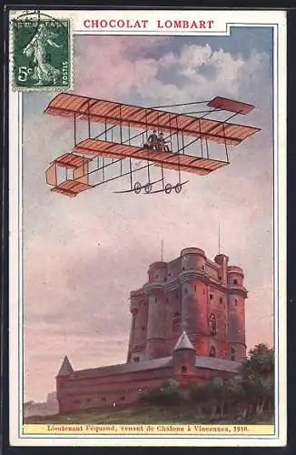 AK Chocolat Lombart, Flugzeug überfliegt eine Burg