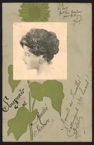 AK Frauenportrait mit Sonnenblume im Jugendstil