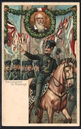 Lithographie Nürnberg, X. Deutsches Turnfest 1903, Die Lützower im Festzuge, Turnvater Jahn