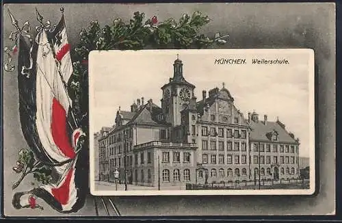 AK München, Weilerschule mit Reichsfahne und Eichenkranz