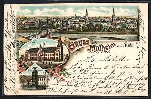 Lithographie Mülheim / Ruhr, Postamt, Krieger-Denkmal und Ortsansicht mit Flusspartie