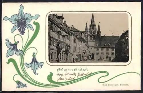 Präge-AK Ansbach / Bayern, Ortsansicht mit Blick auf die Kirche