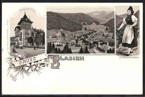 Lithographie St. Blasien, Ortsansicht mit Neuem Kurhaus, Schwarzwälderin in Tracht