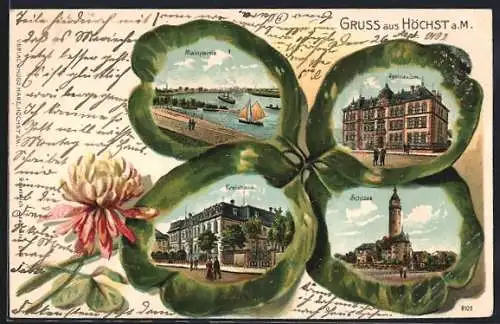 Passepartout-Lithographie Höchst a. M., Kreishaus, Gymnasium und Mainpartie in Kleeblatt-Passepartout