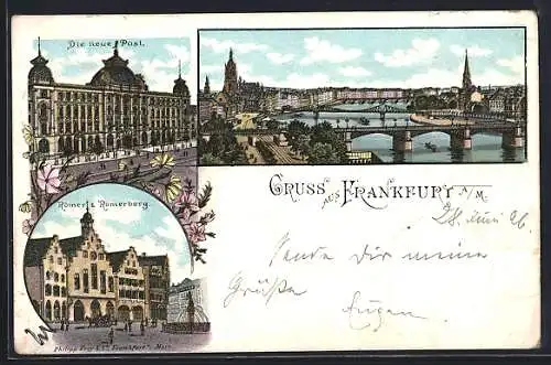 Lithographie Frankfurt, Die neue Post, Römer & Römerberg mit Brunnen, Mainansicht mit Brücke