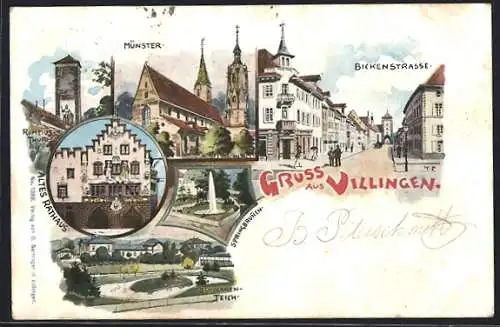 Lithographie Villingen / Baden, Münster, Altes Rathaus, Schwanenteich