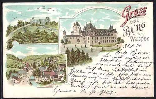 Lithographie Burg / Wupper, Schloss Burg, Ortspartie an der Wupper