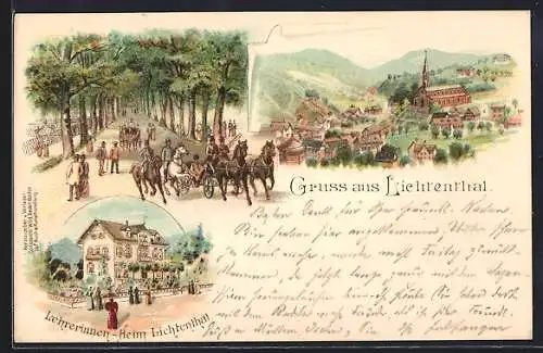 Lithographie Lichtenthal / Baden-Baden, Teilansicht mit Kirche, Lehrerinnenheim, Allee mit Pferdewagen