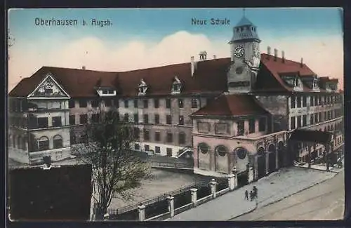 AK Oberhausen / Augsburg, Neue Schule mit Strassenpartie