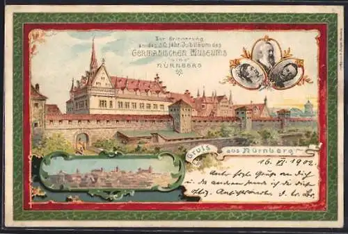 Lithographie Nürnberg, 50 jähriges Jubiläum des Germanischen Museums, Teilansicht, Wilhelm II.