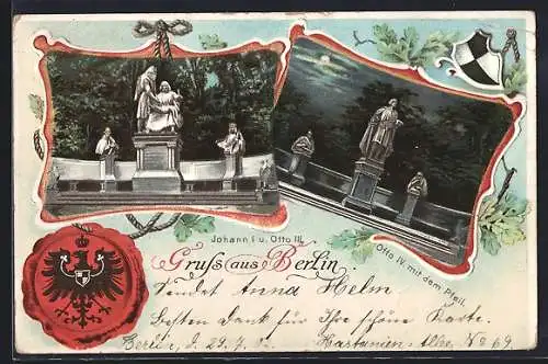 Passepartout-Lithographie Berlin, Standbilder Johann I. und Otto II, Otto IV. mit dem Pfeil bei Vollmond, Wappensiegel