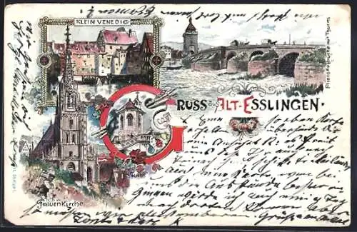 Lithographie Esslingen / Neckar, Frauenkirche, Pliensaubrücke