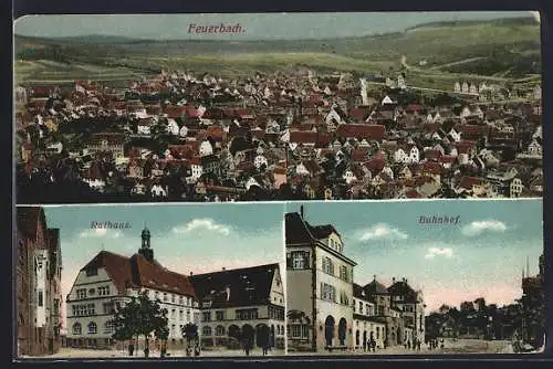 AK Feuerbach / Stuttgart, Bahnhof, Rathaus, Gesamtansicht