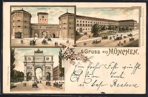 Vorläufer-Lithographie München, 1894, Universität, Isarthor und Siegesthor, Strassenbahn