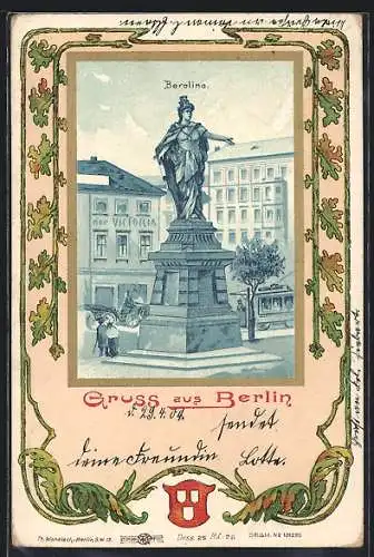 Lithographie Berlin, Alexanderplatz, Statue der Berolina und Wappen