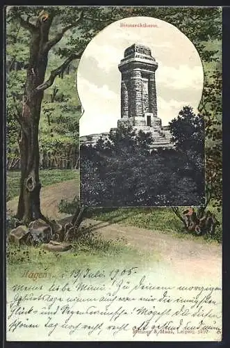 AK Hagen i. W., Blick auf den Bismarckturm, Wald-Passepartout