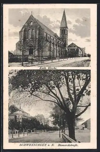 AK Schwenningen / Neckar, Die Kath. Kirche, die Bismarkstrasse