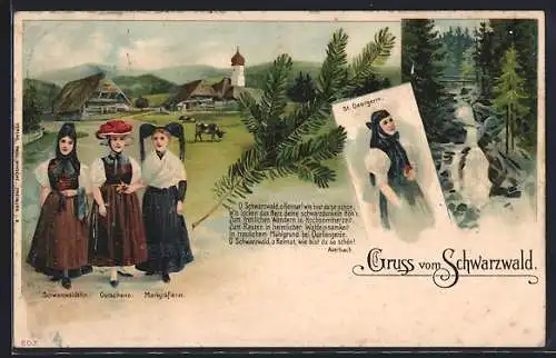 Künstler-AK Gruss aus dem Schwarzwald, Schwarzwälderin, Gutacherin und Markgräflerin in Tracht, Wasserfall