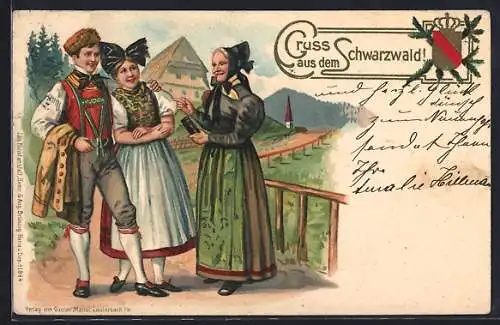 Lithographie Gruss aus dem Schwarzwald, Alte Frau und Paar in Schwarzwälder Tracht