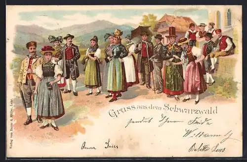 Lithographie Gruss aus dem Schwarzwald, Menschengruppe in Schwarzwälder Tracht