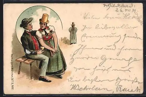 Lithographie Paar in Schwarzwälder Trachten sitzt auf einer Bank