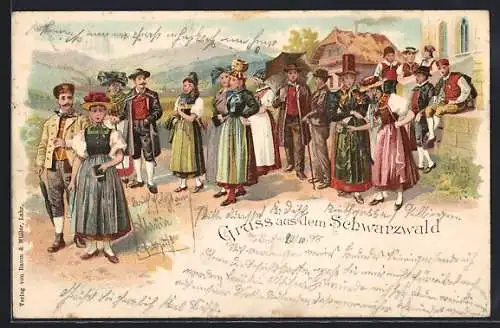 Lithographie Gruss aus dem Schwarzwald, Menschengruppe in Schwarzwälder Tracht
