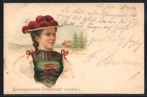 AK Schwarzwälder Volkstracht, eine junge Frau im Trachtenkleid aus Gutach